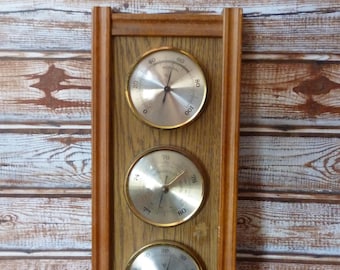 Estación meteorológica Regen Veränderlich Schön vintage, Alemania Occidental, años 70, barómetro de pared de madera y latón