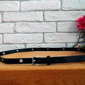 Vintage Skinny Black Leather Studded Belt Thin Waist Belt Fits 34-40 in (87-102 cm)