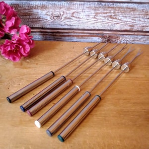 Vintage set of 6 stainless steel fondue forks, Colorful fondue forks, Fondue sticks, Fondue skewers, Fondue forks, Foodie gift.