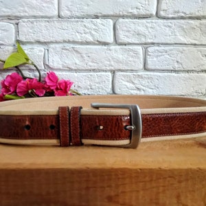 Vintage brown leather and beige canvas belt by Nautica, Waist belt women.