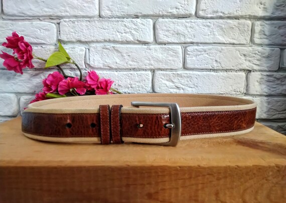 Vintage Brown Leather and Beige Canvas Belt by Nautica  display picture 1