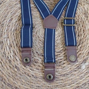 Vintage Small Elastic Suspenders, Dark Blue, Leather Details and Metal Buttons