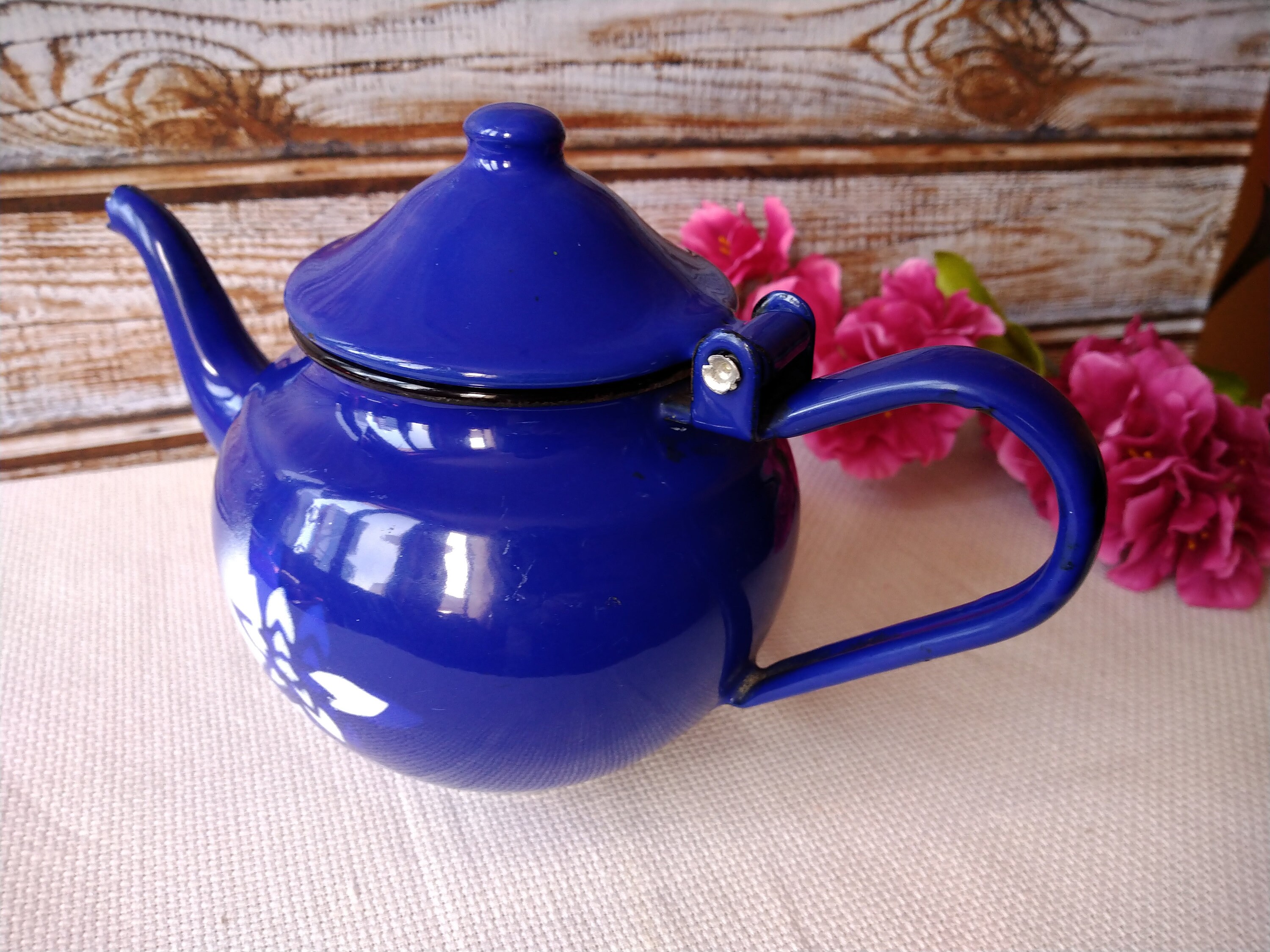 Vintage Blue Tea Kettle With White Flower, Tea Kettle, Antique Tea