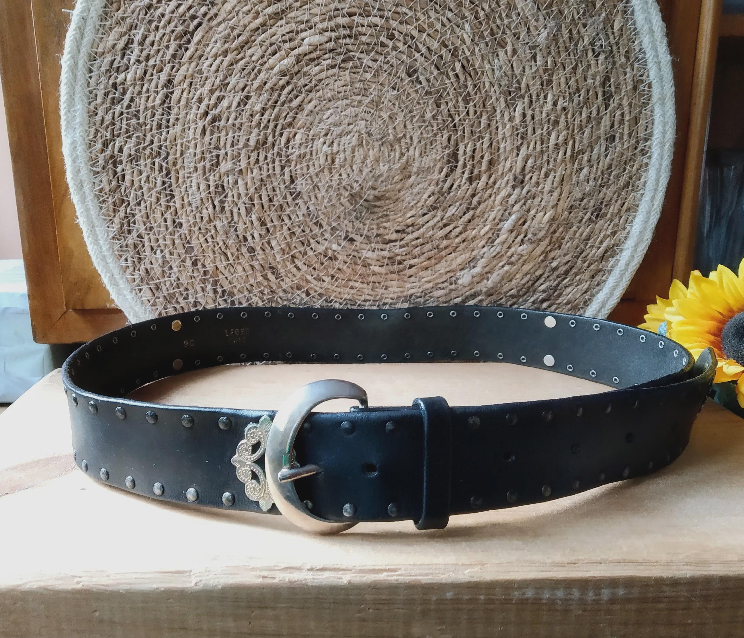 Vintage Black and Cream Ornate Belt Vintage Black Leather Belt With Ornate Brass Buckle, Classic  main image 4