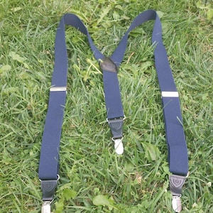Vintage Franco Bettoni dark blue clip suspenders, Y-back adjustable braces.