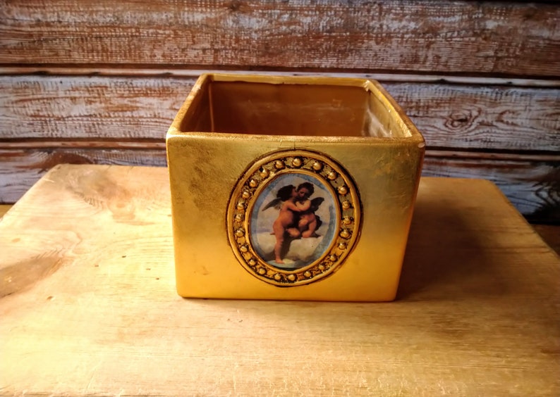 Vintage gold color square pot/planter, Gold cachepot decorated with a painting by a famous French artist, Gold cachepot. image 2