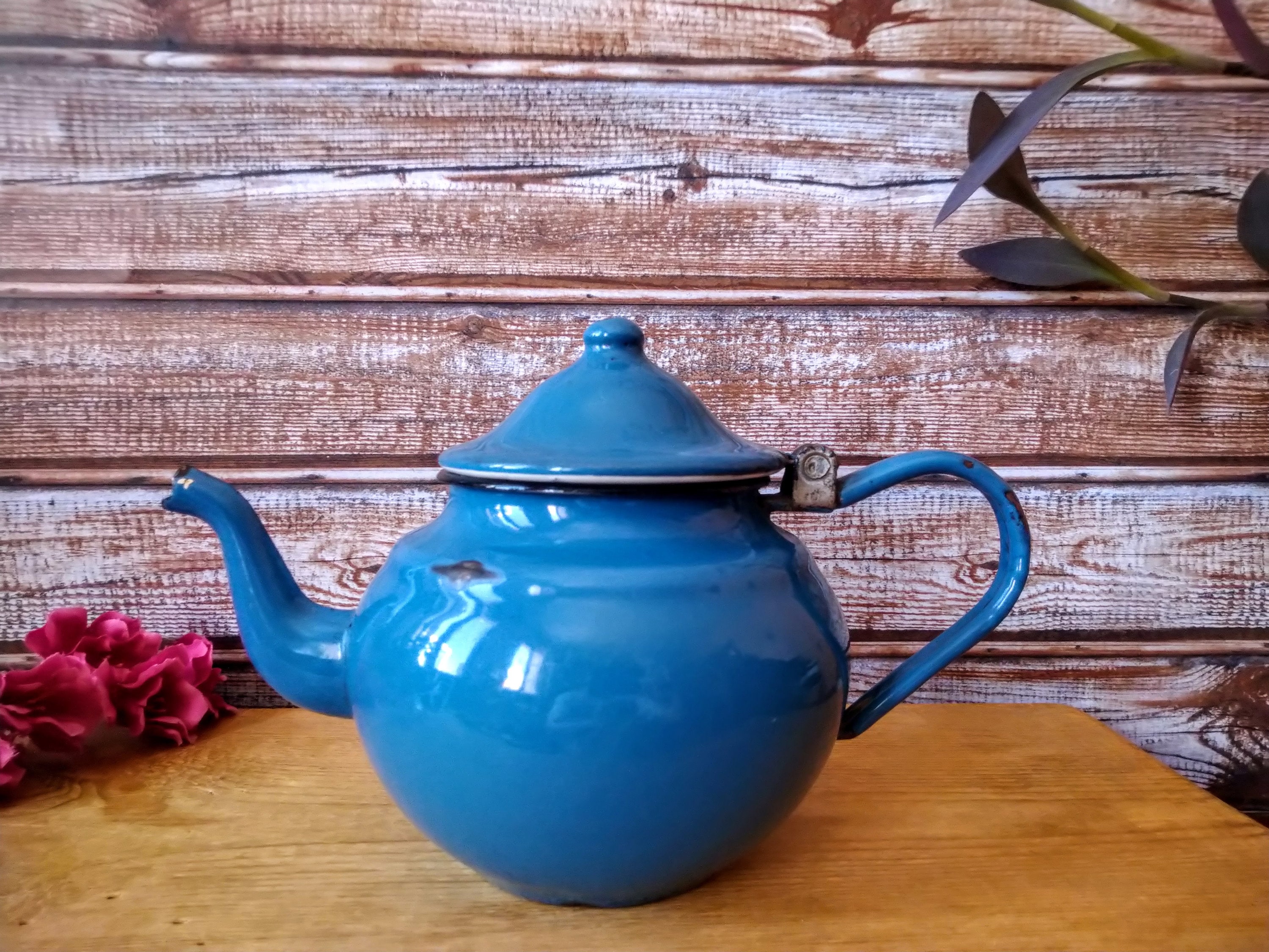 Vintage Small Blue Tea Kettle Blue Enamelware Tea Kettle Etsy