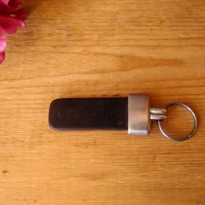 Vintage black leather rectangle advertising keychain, Leather key chain, Flat leather key fob, Key holder.