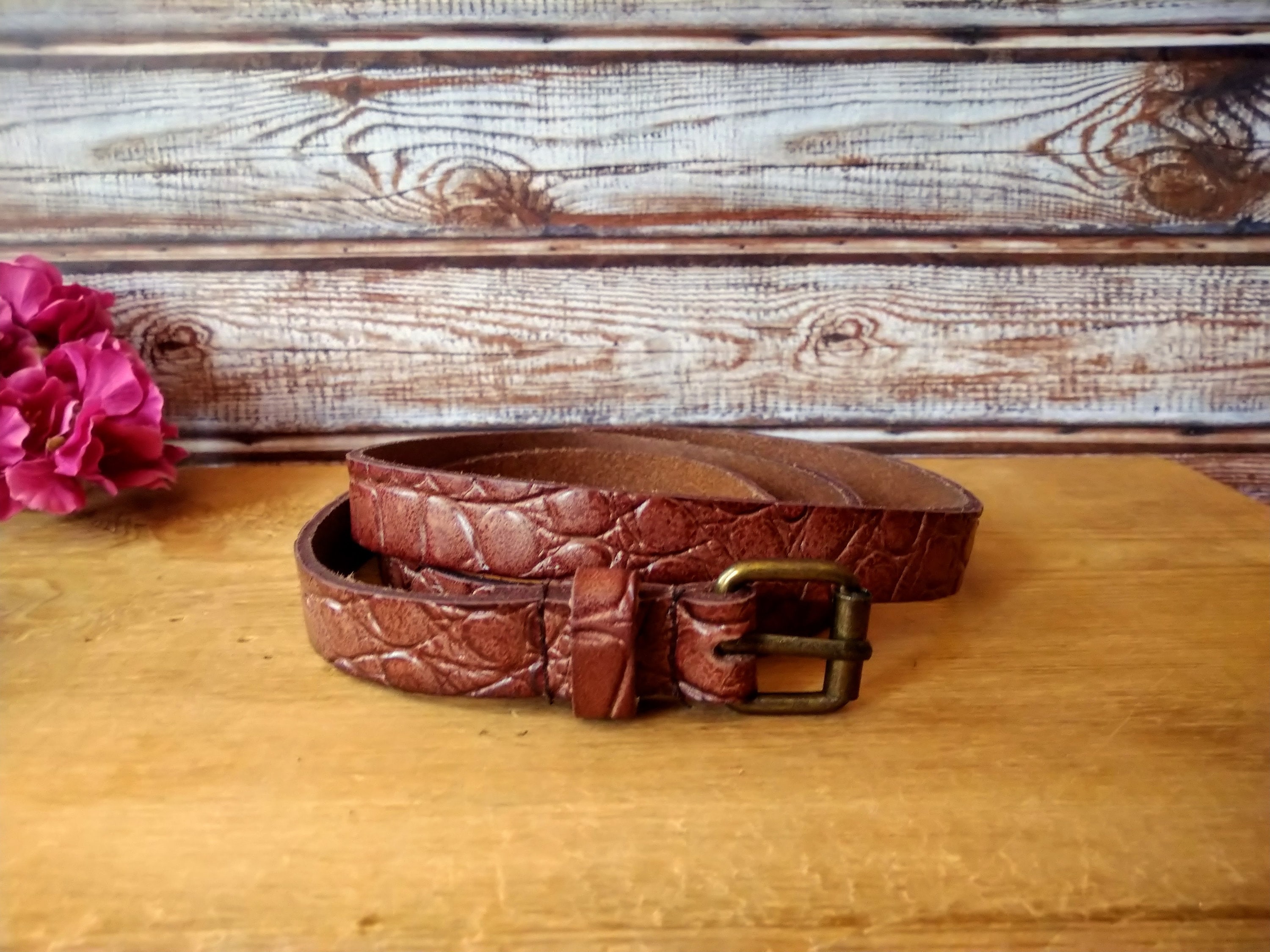 Vintage Scotch & Soda Brown Leather Belt: Thin Engraved  display picture 2