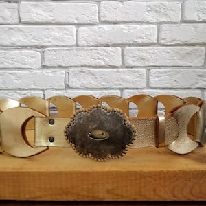 Vintage Holly Golightly Leather Link Belt, Shiny Gold Finish
