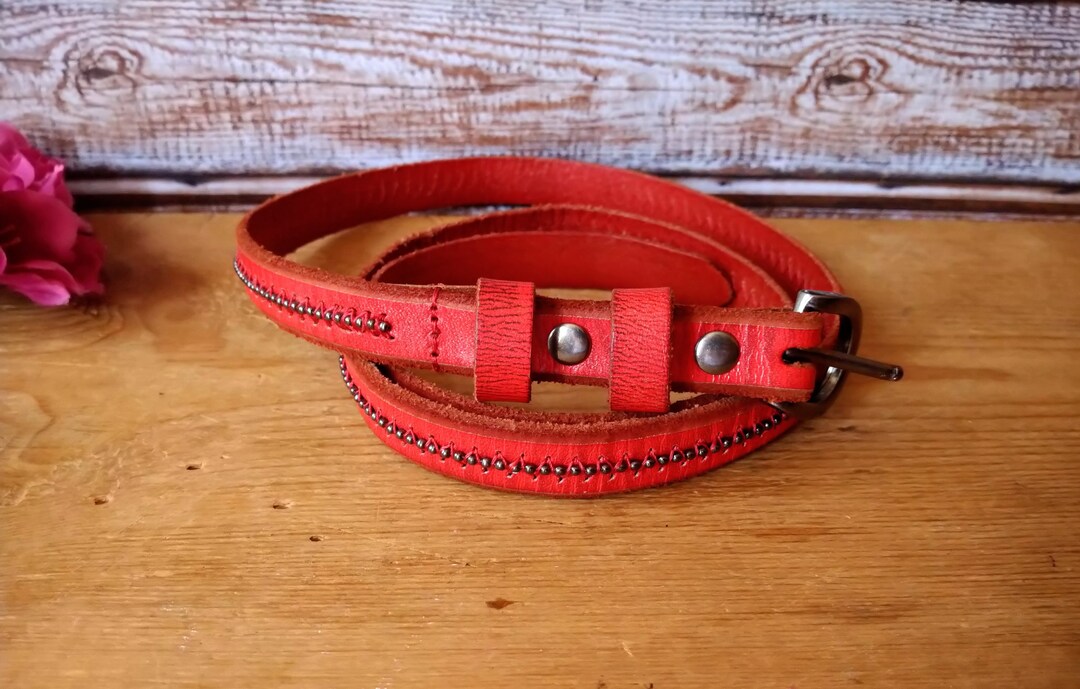 Vintage Red Leather Skinny Studded Belt Double Row Studded Leather Belt 1 3/4 main image 4