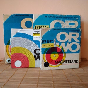 Cintas de discos magnéticos de carrete a carrete antiguas, discos de cinta de carrete alemanes antiguos Orwo usados, lote de cuatro, cajas de cartón originales, accesorio para fotografía.