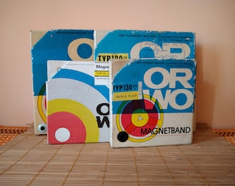 Vintage reel to reel magnetic record tapes, Used Orwo vintage German reel tape records, Lot of four, Original cardboard boxes, Photo prop.