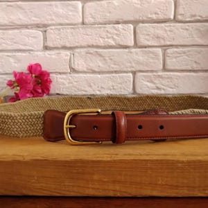 Vintage brown men&#39;s leather and beige stretch plaited fabric belt from Marks & Spencer Leather tabs belt Fits 37-41 in (102-115 cm)