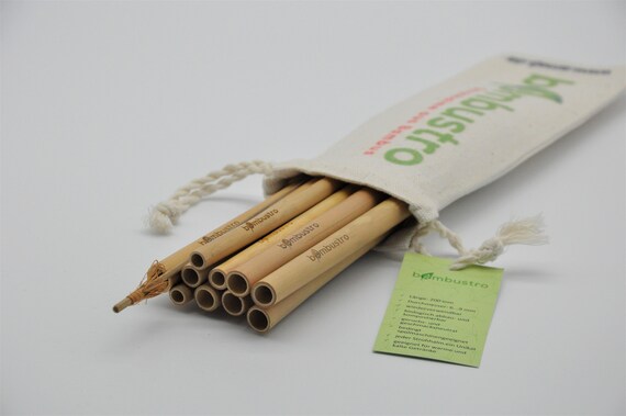 Wiederverwendbare Bambus Strohhalme 10er Set, inkl. Stofftasche & Reinigungsbürste, umweltfreundliches Geschenk, Zero-waste