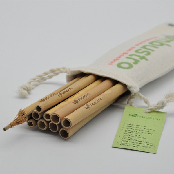 Wiederverwendbare Bambus Strohhalme 10er Set, inkl. Stofftasche & Reinigungsbürste, umweltfreundliches Geschenk, Zero-waste