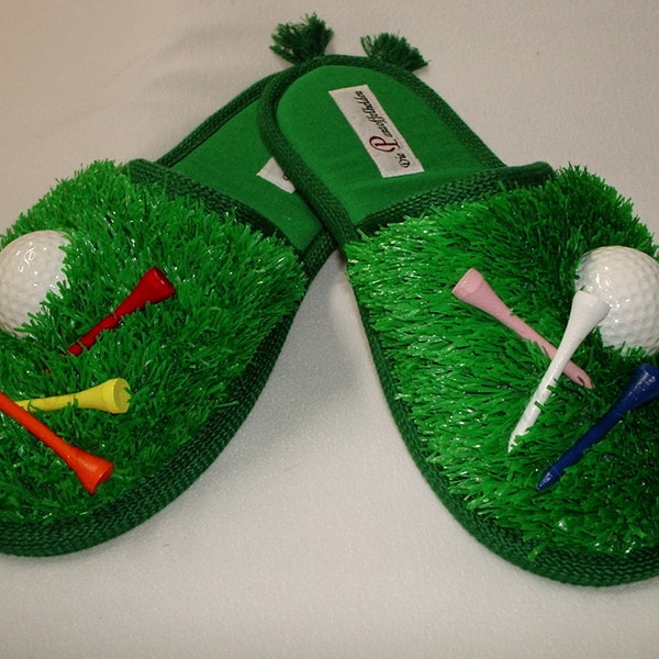 Pantoffeln, Modell Handicap, grüner Rasenstoff, in 3 Größen, ein super Geschenk für Golf-Liebhaber