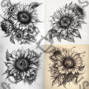 Sunflower Tattoo Design Pack | 4 PSD and PNG Files | Radiant and Symbolic | Procreate Compatible