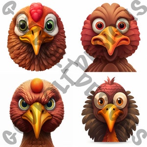 May include: Four cartoon turkey faces with different expressions. The turkeys have brown feathers, orange beaks, and large eyes.
