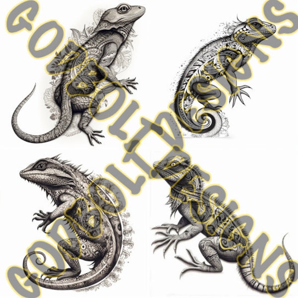 Lizard Tattoo Design Pack | 4 PSD and PNG Files | Perfect for Artists and Reptile Enthusiasts | Intriguing, Symbolic, Procreate Compatible