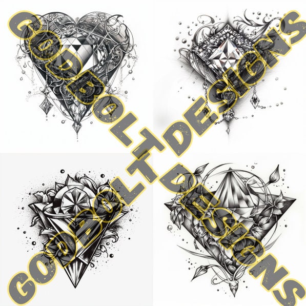Diamond Tattoo Design Pack – 4 PSD & PNG Files | Procreate Compatible, Timeless Gemstone Art