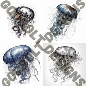 Quallen Tattoo Design Pack | 4 PSD und PNG Dateien | Perfekt für Künstler und Ozean-Enthusiasten | Serene, Symbolisch, Procreate kompatibel
