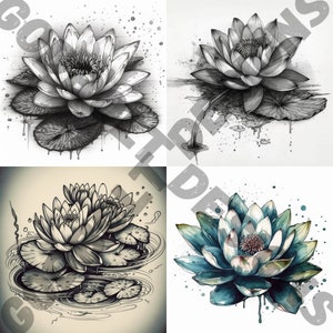 Water Lily Tattoo Design Pack | 4 PSD and PNG Files | Perfect for Artists and Nature Enthusiasts | Graceful, Symbolic, Procreate Compatible