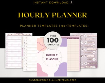 May include: A digital download of over 100 customizable hourly planner templates. The templates feature a pink and purple abstract design with the text "Hourly Planner" and "Over 100 Templates".