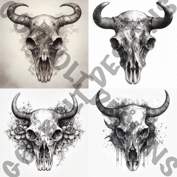牛の頭蓋骨のタトゥーデザインパック | 4 つの PSD および PNG