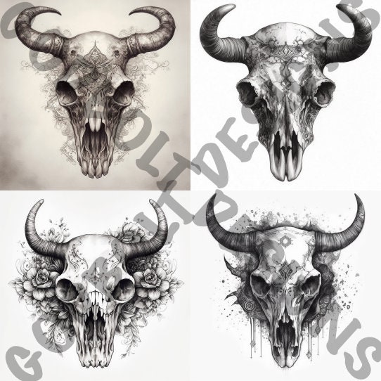 Cow Skull Tattoo Design Pack 4 PSD and PNG Files Perfect - Etsy
