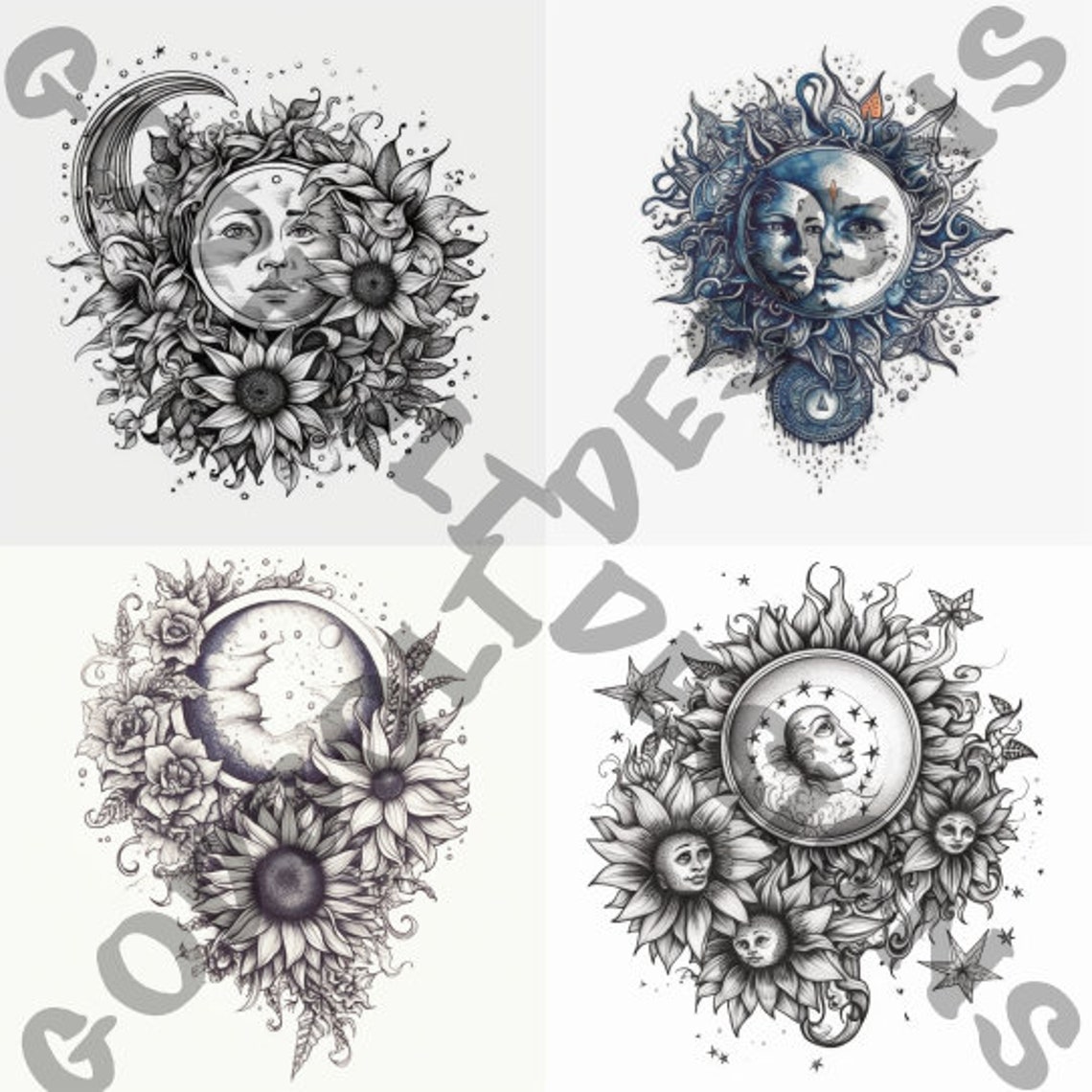 Sun Moon Stars Tattoo Design Pack | 4 PSD and PNG Files | Perfect for ...