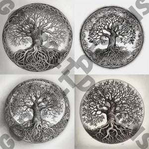 May include: Four black and white illustrations of a tree of life with intricate roots and branches. The trees are surrounded by a circular design.