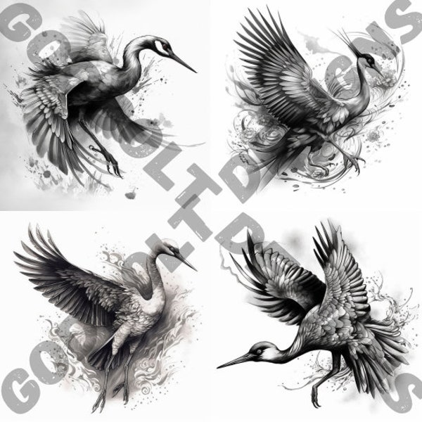 Crane Tattoo Design Pack | 4 PSD and PNG Files | Perfect for Artists and Nature Enthusiasts | Serene, Symbolic, Procreate Compatible