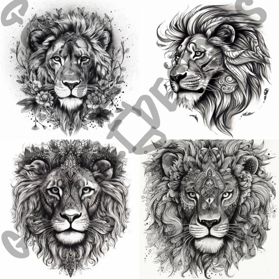 Lion Tattoo Design Pack | 4 PSD and PNG Files | Majestic and Powerful ...