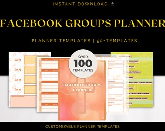 Op de afbeelding: Een digitale plannertemplate voor Facebook-groepen met meer dan 100 aanpasbare sjablonen. De omslag heeft een perzik- en roze aquarel achtergrond met de tekst "Facebook Groups Planner" en "Meer dan 100 sjablonen".