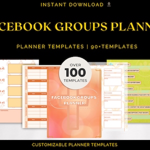Op de afbeelding: Een digitale planner sjabloon voor Facebook-groepen met meer dan 100 aanpasbare sjablonen. De omslag heeft een perzik- en roze aquarel achtergrond met de tekst "Facebook Groups Planner" en "Meer dan 100 sjablonen".
