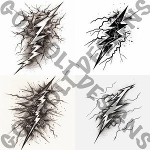 May include: Four black and white illustrations of lightning bolts with a cracked background. The lightning bolts are drawn in a stylised manner with jagged edges and a textured appearance.