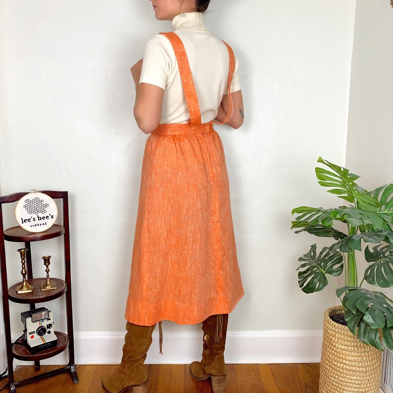 Vintage 1970s Peach Pinafore Linen Cotton Dress