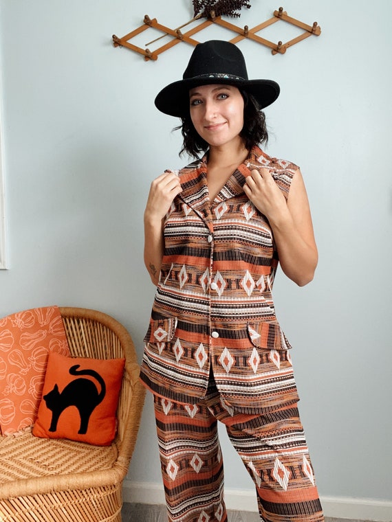 Vintage 60s/70s Polyester Aztec Print Top & Pants