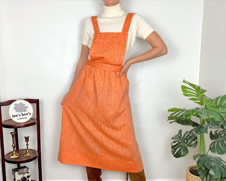 Vintage 1970s Peach Pinafore Linen Cotton Dress