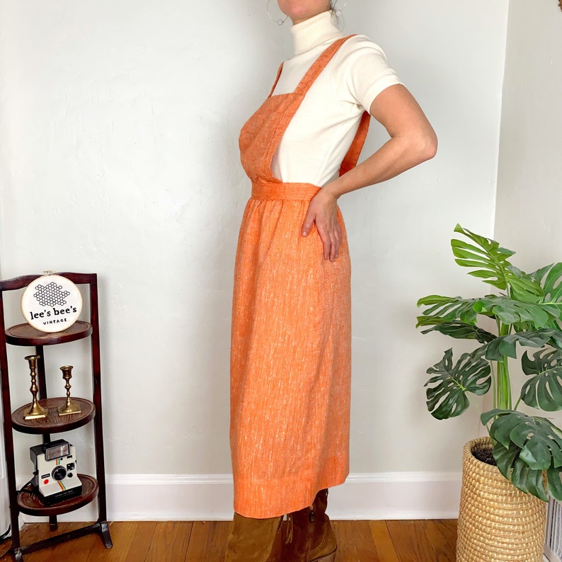 Vintage 1970s Peach Pinafore Linen Cotton Dress