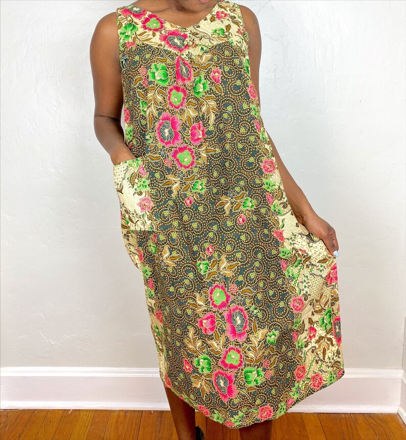 Vintage Floral /& Batik Style Patterning Sleeveless Cotton Dress