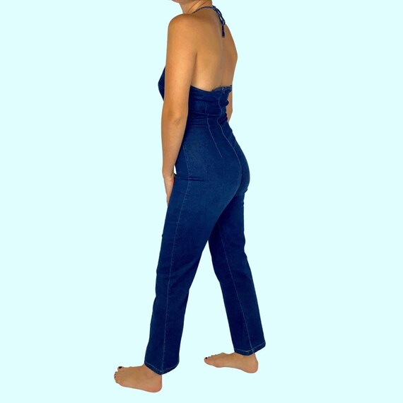 Vintage 90s Dark wash Denim Stretchy Jumpsuit Bri… - image 3