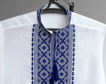 White linen vyshyvanka shirt with traditional Ukrainian ornament, embroidered with dark blue cotton threads. Best gift for groom or husband
