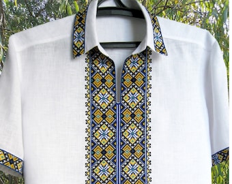 Herrskjorta i linne med broderi, ukrainsk, blå och gul Vyshyvanka