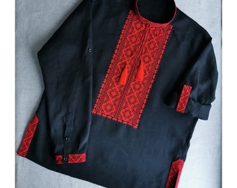 Embroidered Linen Ukrainian Shirt, Red Black Vyshyvanka, Folk Kozak Shirt