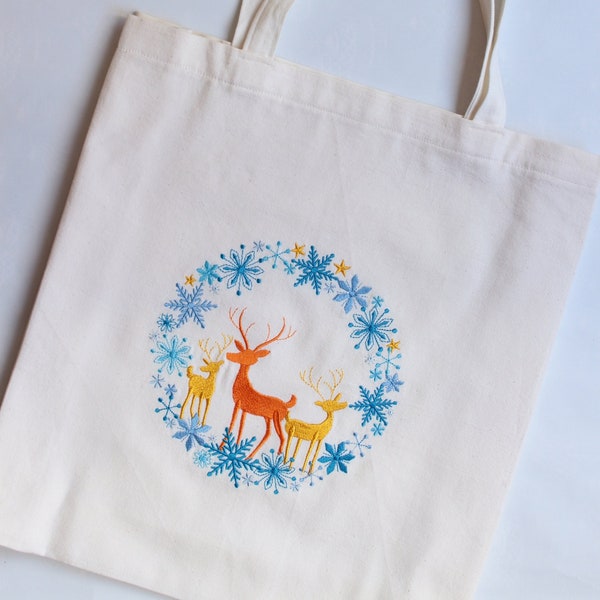 Canvas tote bag with with pocket and embroidered Christmas deer. Beige two-layer shoulder bag. Book bag in the colors of Ukraine. Gift idea.