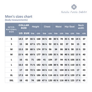 May include: A men's size chart with measurements in inches and centimeters. The chart includes collar size, height, chest, waist, hip/seat, and neck width.