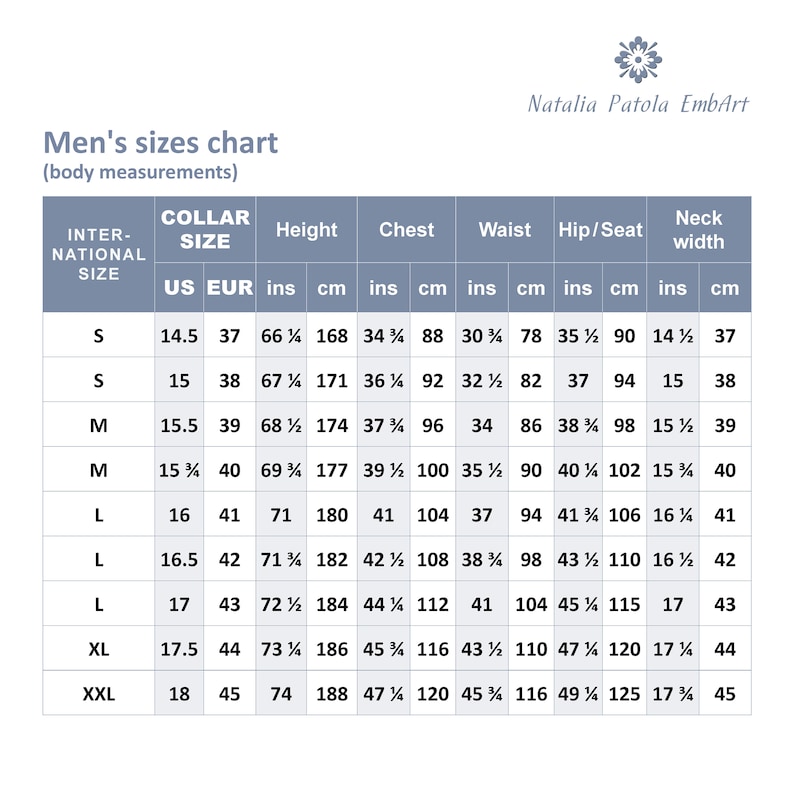 May include: A men's size chart with measurements in inches and centimeters. The chart includes collar size, height, chest, waist, hip/seat, and neck width.