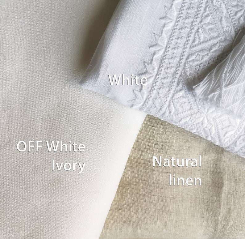 May include: Three fabric swatches in different shades of white and natural linen. The swatches are labeled "White", "Off White Ivory", and "Natural Linen".